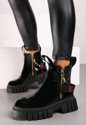 Czarne Botki Lakierowane Workery z Odpinaną Taśmą z Napisem Teribelle. Czarne botki Born2be, bez wzorów, z jeansu, bez obcasa, na płaskiej podeszwie, bez zapięcia. Za 59.99 zł.