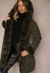 Ciemnozielona Kurtka z Pikowanymi Przeszyciami Mocno Ocieplana z Paskiem i Odpinanym Futerkiem Hedista. Zielone kurtki Renee, s, bez wzorów, z futra, eleganckie, bez kaptura. W wyprzedaży za 153.99 zł.
