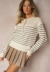 Beżowo-Czarny Sweter z Wiskozą w Poziome Paski z Guzikami przy Dekolcie Irivoni. Brązowe swetry Renee, m, bez wzorów, z jeansu, casualowe, bez ramiączek. W wyprzedaży za 79.99 zł.