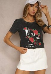 Czarny Bawełniany T-shirt z Kwiatami i Napisami Savinele. Czarne t-shirty Renee, l, bez wzorów, z bawełny, klasyczne, bez kołnierzyka, bez ramiączek. W wyprzedaży za 35.99 zł.