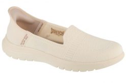Buty do chodzenia damskie, Slip-Ins On The Go Flex - Camellia. Białe buty treningowe Skechers, bez wzorów, z materiału, przed kostkę, bez zapięcia, trekkingowe. Za 299.99 zł.