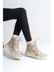 Trendyol Botki zimowe w kolorze beżowym rozmiar: 39. Brązowe botki Trendyol, bez wzorów, z materiału, bez obcasa, bez zapięcia. Za 221.36 zł.