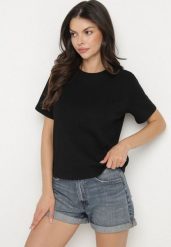 Czarny Bawełniany T-shirt z Grubszej Bawełny Tiariane. Czarne t-shirty Born2be, m, bez wzorów, z bawełny, biznesowe, bez kołnierzyka, bez ramiączek. W wyprzedaży za 46.74 zł.