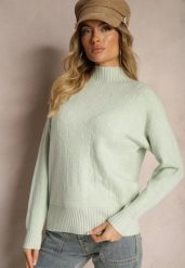 Miętowy Golf Sweter z Tłoczeniem i Ściągaczami Melovira. Zielone swetry Renee, na zimę, bez wzorów, bez ramiączek. W wyprzedaży za 87.99 zł.