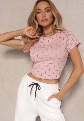 Różowy T-shirt z Bawełny Ozdobiony Brokatem Olindara. Czerwone t-shirty Renee, m, z aplikacjami, z bawełny, bez kołnierzyka, bez ramiączek. Za 49.99 zł.