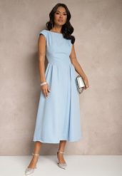 Niebieska Rozkloszowana Sukienka z Wiązaniem i Dekoltem w Kształcie Łódki Alanira. Niebieskie sukienki Renee, na co dzień, m, bez wzorów, eleganckie, bez kołnierzyka, bez ramiączek, midi, kopertowe. W wyprzedaży za 111.99 zł.