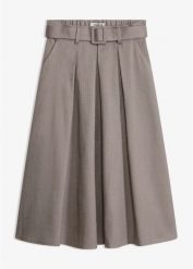 Spódnica z zakładkami w optyce wełny z paskiem (2 części). Brązowe spódnice bonprix, bez wzorów, z wełny, eleganckie. Za 169.99 zł.