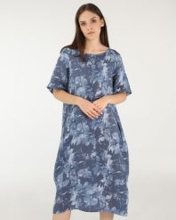LNIANA SUKIENKA W CIENIOWANE KWIATY. Niebieskie sukienki Unisono, l, bez wzorów, z tkaniny, bez kołnierzyka, bez ramiączek, mini. Za 279.00 zł.