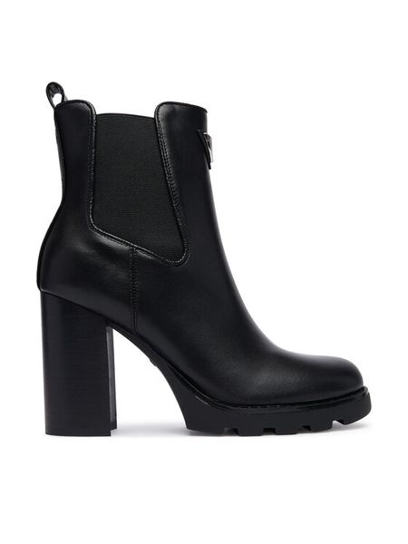 Guess Botki FLFNEL ELE10 Czarny. Czarne botki Guess, z aplikacjami, ze skóry, bez obcasa, na słupku, bez zapięcia. Za 634.99 zł.