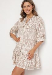 Beżowa Wiskozowa Sukienka w Etniczny Wzór o Rozkloszowanym Kroju z Wiązaniem Nalpio. Brązowe sukienki Born2be, na co dzień, l, bez wzorów, z materiału, eleganckie, bez kołnierzyka, bez ramiączek, mini, rozkloszowane. Za 109.99 zł.