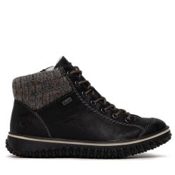 Botki Rieker. Czarne botki Rieker, bez wzorów, bez obcasa, na płaskiej podeszwie, bez zapięcia. Za 189.99 zł.