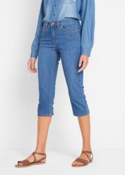 Rybaczki dżinsowe ze stretchem, Slim Fit, mid waist. Niebieskie jeansy bonprix, bez wzorów, z jeansu. Za 82.99 zł.