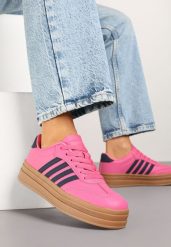 Różowo-Granatowe Sneakersy Kultowe Tenisówki na Grubej Podeszwie z Tłoczeniami Ellimia. Czerwone trampki Renee, bez wzorów, z jeansu, bez zapięcia. W wyprzedaży za 91.99 zł.
