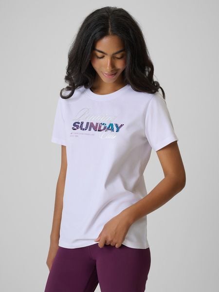 4F T-shirt regular z nadrukiem damski - biały M. Białe t-shirty 4f, m, bez wzorów, z bawełny, klasyczne, bez kołnierzyka, bez ramiączek. Za 59.99 zł.