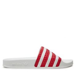 Klapki adidas. Czerwone klapki adidas, bez wzorów, bez obcasa, bez zapięcia. Za 149.99 zł.