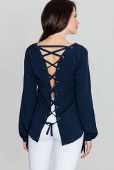 Modna Granatowa Bluzka z Dekoltem „V” Sznurowana na Plecach. Niebieskie bluzki Katrus, m, bez wzorów, z elastanu, bez kołnierzyka, bez ramiączek. Za 189.00 zł.