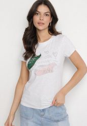 Jasnoszary Bawełniany T-shirt z Nadrukiem z Cyrkoniami Karissen. Szare t-shirty Born2be, m, bez wzorów, z bawełny, eleganckie, bez kołnierzyka, bez ramiączek. Za 49.99 zł.