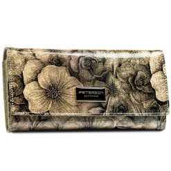 Portfel damski Peterson PTN PS401-FDS złoty. Żółte portfele Peterson, z aplikacjami, z lakierowanej skóry. Za 89.99 zł.