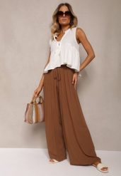 Brązowe Szerokie Spodnie High Waist z Gumką w Talii Ilnena. Brązowe jeansy Renee, na lato, bez wzorów, z jeansu, biznesowe, z podwyższonym stanem. W wyprzedaży za 59.99 zł.