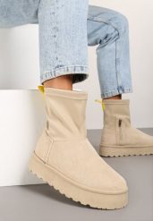 Beżowe Śniegowce na Płaskiej Podeszwie ze Skarpetową Cholewką Sevinae. Brązowe śniegowce Born2be, bez wzorów, z jeansu, bez zapięcia. Za 69.99 zł.