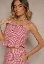 Czerwona Bluzka Top w Kratę z Guzikami i Falbanką Falionna. Czerwone bluzki Renee, l, bez wzorów, z jeansu, eleganckie, bez kołnierzyka, bez ramiączek. W wyprzedaży za 39.99 zł.