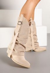 Beżowe Botki na Stożku w Stylu Kowbojek z Wywiniętą Cholewką Sinala. Brązowe botki Renee, bez wzorów, z jeansu, eleganckie, bez obcasa, na obcasie, bez zapięcia. W wyprzedaży za 142.49 zł.