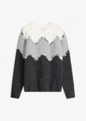 Sweter z aplikacją z cekinów. Szare swetry bonprix, z aplikacjami, bez ramiączek. Za 159.99 zł.