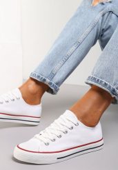 Białe Klasyczne Trampki z Niską Cholewką Darling Tyrel. Białe trampki Renee, bez wzorów, z jeansu, klasyczne, przed kostkę, bez zapięcia. W wyprzedaży za 39.99 zł.