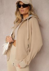 Ciemnobeżowa Tłoczona Bluza z Dodatkiem Bawełny i Kapturem Zapinana na Suwak Arfoya. Brązowe bluzy Renee, s, bez wzorów, z bawełny, eleganckie, bez ramiączek. W wyprzedaży za 75.99 zł.