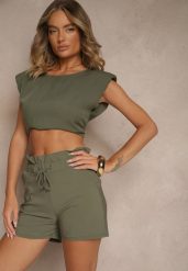 Zielone Szorty z Bawełną High Waist z Ozdobnym Sznurkiem Axemia. Zielone szorty Renee, bez wzorów, z bawełny, eleganckie. W wyprzedaży za 47.99 zł.
