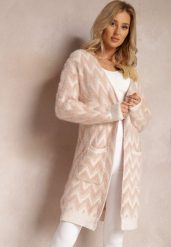 Różowy Niezapinany Kardigan o Przedłużonym Fasonie w Zygzaki Chevron Oherna. Czerwone swetry Renee, bez wzorów, z tkaniny, bez ramiączek. W wyprzedaży za 87.99 zł.