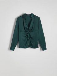 Bluzka z marszczeniem - zielony. Zielone bluzki Reserved, l, bez wzorów, z tkaniny, bez kołnierzyka, bez ramiączek. W wyprzedaży za 55.99 zł.