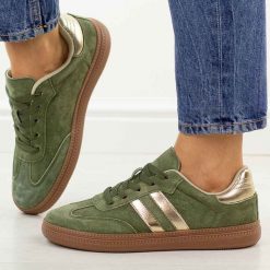 Khaki skórzane półbuty damskie Sergio Leone Sp106. Brązowe półbuty wsuwane Sergio Leone, na jesień, bez wzorów, z jeansu, casualowe, z okrągłym noskiem, bez obcasa, na płaskiej podeszwie. Za 209.00 zł.