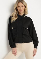 Czarna Kurtka ze Stójką i Ozdobnymi Guzikami Ściągana w Pasie Troczkiem Basalle. Czarne kurtki Born2be, l, bez wzorów, z jeansu, eleganckie, bez kaptura. Za 129.99 zł.