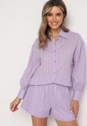 Fioletowy 2-cześciowy Komplet z Szortami i Elegancką Koszulą Alesa. Fioletowe koszule Born2be, m, bez wzorów, eleganckie, bez kołnierzyka, bez ramiączek. Za 209.99 zł.