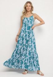 Niebieska Rozkloszowana Sukienka na Ramiączkach z Wiskozowej Tkaniny w Kwiaty Sepelvia. Niebieskie sukienki Born2be, na spotkanie biznesowe, l, bez wzorów, z tkaniny, eleganckie, bez kołnierzyka, bez ramiączek, maxi, rozkloszowane. Za 99.99 zł.
