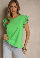 Zielona Bawełniana Bluzka z Krótkim Rękawem z Ażurowej Falbanki Voanira. Zielone bluzki Renee, l, w ażurowe wzory, z bawełny, eleganckie, bez kołnierzyka, bez ramiączek. W wyprzedaży za 31.99 zł.
