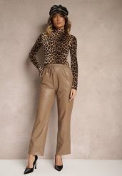 Ciemnobeżowe Szerokie Spodnie High Waist z Imitacji Skóry Narlemi. Brązowe jeansy Renee, bez wzorów, z bawełny, eleganckie, z podwyższonym stanem. W wyprzedaży za 47.99 zł.
