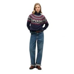 Wzorzysty sweter jacquard damski Superdry. Niebieskie swetry Superdry, na zimę, s, z aplikacjami, z dzianiny, klasyczne, bez ramiączek. Za 362.80 zł.