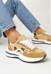 Ciemnobeżowe Sznurowane Sneakersy na Grubej Podeszwie z Przeszyciami Hanoa. Brązowe buty sportowe lifestyle Born2be, bez wzorów, sportowe, bez zapięcia. W wyprzedaży za 46.74 zł.