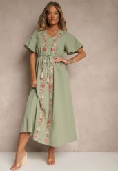 Zielona Rozkloszowana Sukienka z Bawełny w Stylu Boho z Ozdobnym Haftem Sersena. Zielone sukienki Renee, na co dzień, l, bez wzorów, z bawełny, boho, bez kołnierzyka, bez ramiączek, maxi, rozkloszowane. W wyprzedaży za 107.99 zł.