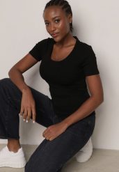 Czarny Prążkowany T-shirt Ozdobiony po Bokach Marszczeniem Nedisa. Czarne t-shirty Born2be, m, bez wzorów, z jeansu, bez kołnierzyka, bez ramiączek. Za 49.99 zł.