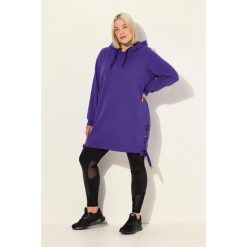 Damskie Długa bluza z kapturem tasiemka satynowa kaptur długi rękaw. Fioletowe bluzy z kapturem Ulla Popken, plus size, bez wzorów, z bawełny, z kapturem. Za 294.99 zł.