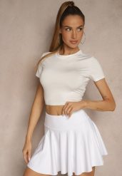 Biały Dopasowany T-shirt z Wiskozą o Kroju Crop Top Folaviela. Białe t-shirty Renee, m, bez wzorów, z jeansu, bez kołnierzyka, bez ramiączek. W wyprzedaży za 39.99 zł.