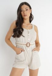 Jasnobeżowy Kombinezon z Bawełny Pheneope. Brązowe sukienki Born2be, l, bez wzorów, z bawełny, boho, bez kołnierzyka, bez ramiączek, mini. Za 129.99 zł.