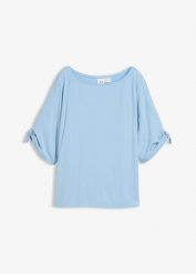 T-shirt z dekoltem w łódkę. Niebieskie t-shirty bonprix, bez wzorów, z wiskozy, bez kołnierzyka, bez ramiączek. Za 44.99 zł.