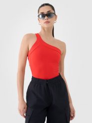 4F Crop-top slim z asymetrycznym ramiączkiem damski - czerwony L. Czerwone topy 4f, l, bez wzorów, z dzianiny, sportowe, z asymetrycznym kołnierzem, bez ramiączek. W wyprzedaży za 39.99 zł.