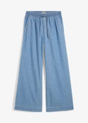 Dżinsy Wide Leg, mid waist, wygodny pasek. Niebieskie jeansy bonprix, bez wzorów, z jeansu. Za 119.99 zł.