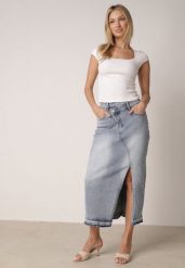 Niebieska Jeansowa Spódnica z Bawełną Wysokim Stanem i Rozcięciem na Nogę Vikinori. Niebieskie spódnice Born2be, do pracy, l, bez wzorów, z bawełny, biznesowe, midi. Za 119.99 zł.