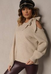 Beżowy Sweter z Ozdobnym Wiązaniem i Wycięciem na Ramieniu Eledi. Brązowe swetry Renee, bez wzorów, casualowe, bez ramiączek. W wyprzedaży za 111.99 zł.